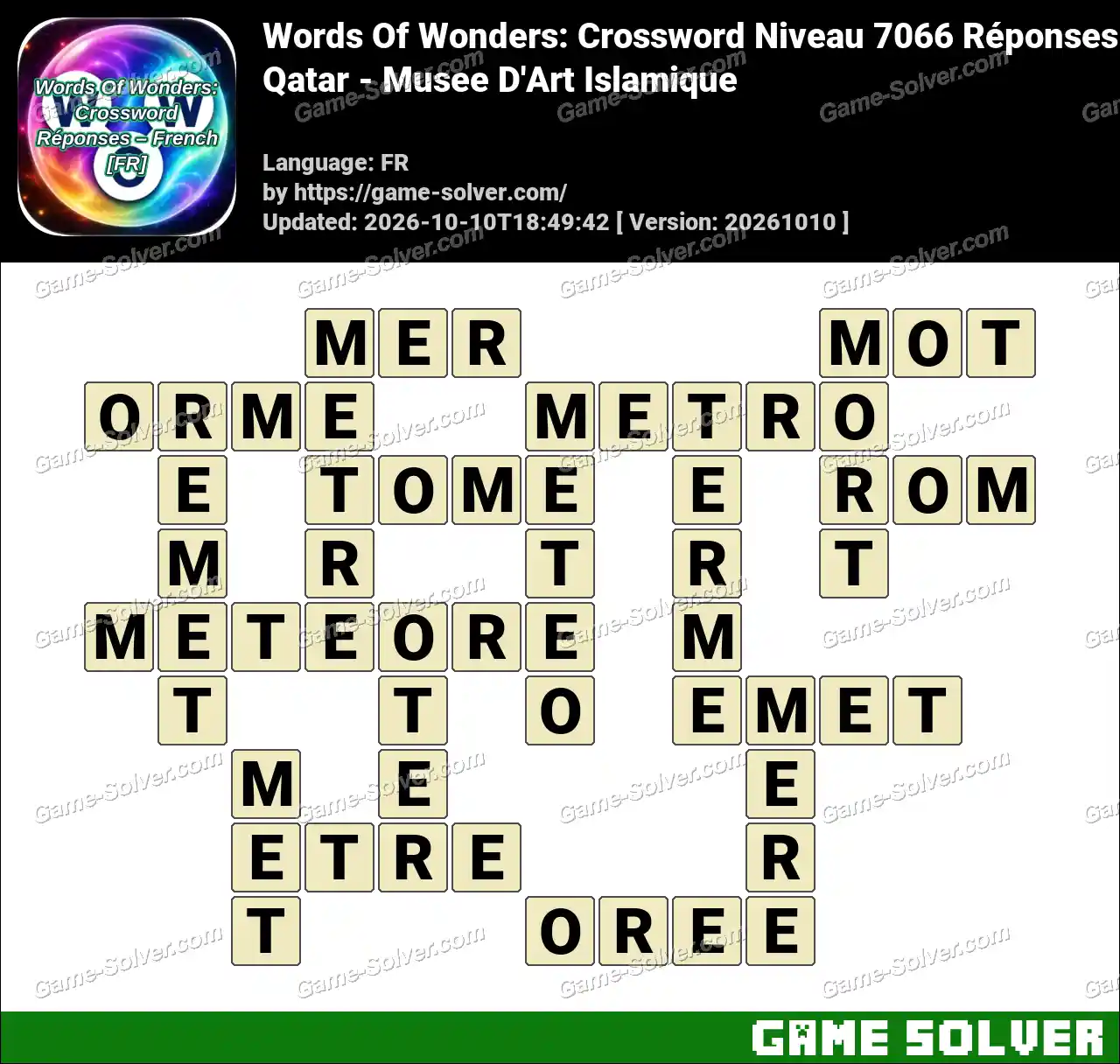Words Of Wonders: Crossword Niveau 7066 Réponses – Qatar – Musee D’Art Islamique